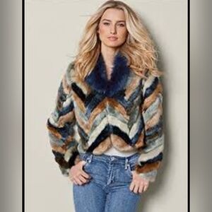 New Chevron Striped Faux Fur Teddy Jacket
